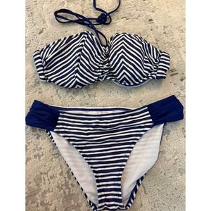 Profile Blush Navy White Striped Bikini Set Halter‎ Top F Cup Bottoms Large